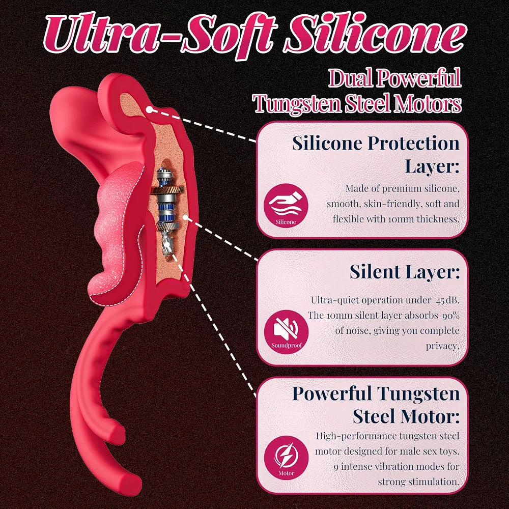 9-Mode Vibrating Tongue-Shape Cock Ring Set with 3 Penis Rings and Storage Case