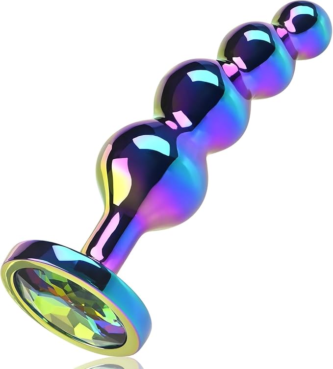 Premium Graduated Metal Anal Bead Plug with Jeweled Base and Curved Design