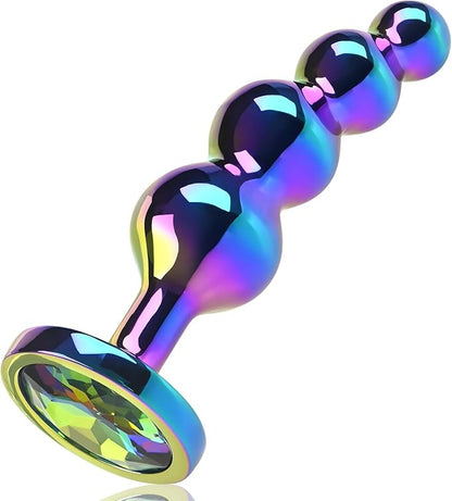 Premium Graduated Metal Anal Bead Plug with Jeweled Base and Curved Design