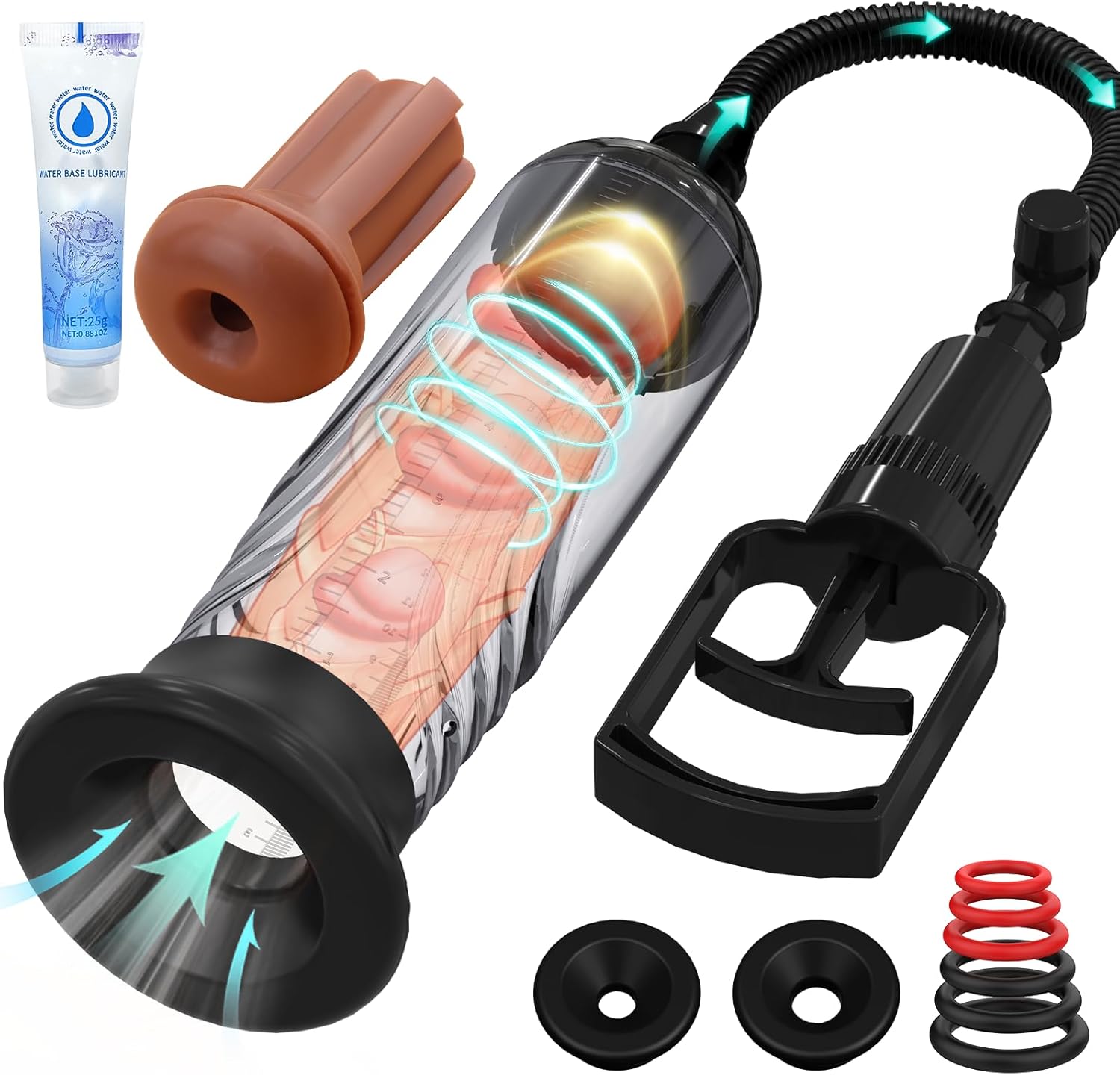 Manual Penis Vacuum Pump and Enlarger Device with 3 Suction Sleeves for Enhanced Erections